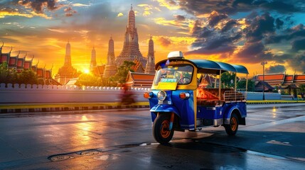 Naklejka premium Thai tuk tuks, front and back, clear, HD level. In the background are Thai temples