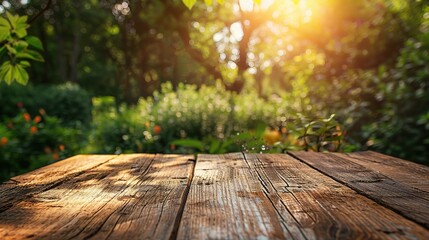 beauty of spring and summer with a wood table for food and product display, positioned against the backdrop of a blur green tree garden