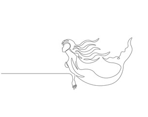 Continuous one line drawing of mermaid. One line drawing illustration of mermaid swim. Mythological creatures concept continuous line art. Editable outline.