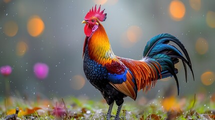 Fototapeta premium Colorful Rooster in a Mystical Forest