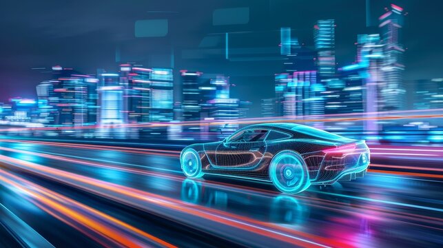 Smart mobility concept and autonomous vehicle technology with a car and dynamic light trails on a digital city road showcasing futuristic transportation and connectivity.