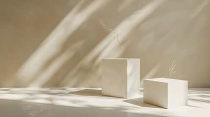 Two white cube podiums were arranged in an aesthetically pleasing composition against a soft beige background with subtle shadows and highlights.