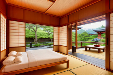 sala de estar japonesa con vistas al jardín zen