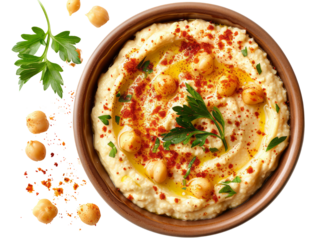 Top view of A bowl of creamy hummus topped with paprika, chickpeas, and parsley.