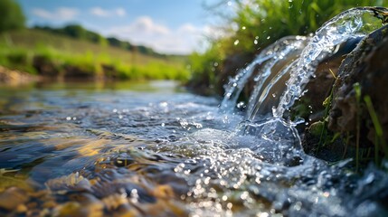 Water flowing from pipes into the river. The water quality concept shown closeup could be used as copy space for text and a banner background.