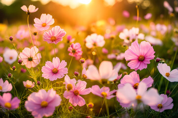 Fototapeta premium Pink cosmos flower field in the foreground with sunset sky background, in the retro style