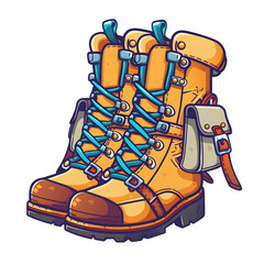 3D Flat Icon: Hiking Boots and Backpack on White Background with Space for Text