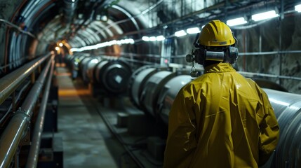 Fototapeta premium A lone worker in a yellow suit stands in a dark industrial tunnel, illuminated by fluorescent lights, with large metal pipes and machinery in the background.