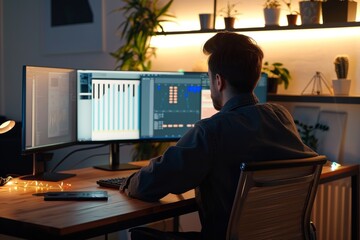 A man sits in his home office working on his computer. He is focused on the screen and appears to be working on a project or task.