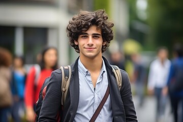 Obraz premium A young man with curly hair is smiling and wearing a blue shirt