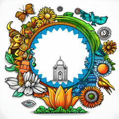 3D Flat Icon Collage of Indian Heritage Symbols with Tricolor Background for Unity and Independence