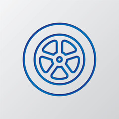 Car wheel simple icon. Flat design. Paper cut design. Cutted blue symbol with shadow. Gray background