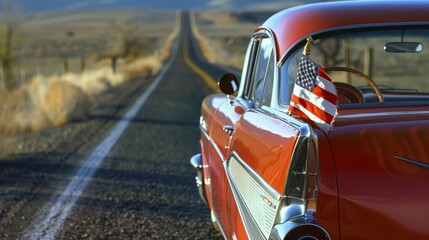 Vintage handheld close-up of an American automobile showcasing patriotism through a mounted flag while cruising down the iconic Route 66 in an isolated setting
