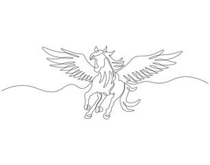 Continuous one line drawing of pegasus. One line drawing illustration of mythological winged horse. Mythological animal concept continuous line art. Editable outline.