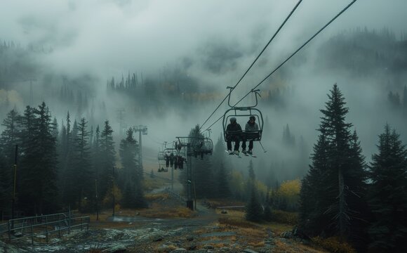 A Snowy Mountaintop View From A Ski Lift In Winter