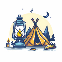 Camping Infographic Lantern and Tent Icon with Copy Space in 3D Flat Design
