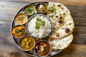 Close-Up Delicious Traditional Indian Thali With Various Curries, Rice, And Naan In Food Restaurant Interior, Food Photography, Food Menu Style Photo Image