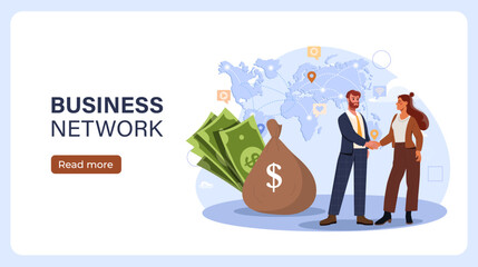 Business network poster. Man and women shake hands against background of world map. Global trading. Landing webpage design. Cartoon flat vector illustration isolated on white background