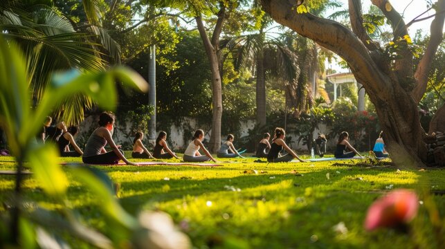 A group of women practice yoga in a beautiful park, surrounded by lush greenery and sunlight.