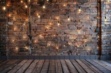 Naklejka premium Brick Wall With String Lights and Wooden Floor