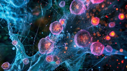 Abstract digital illustration of glowing cells connected by delicate threads in a dark, ethereal setting, suggesting a complex network or interconnectedness.