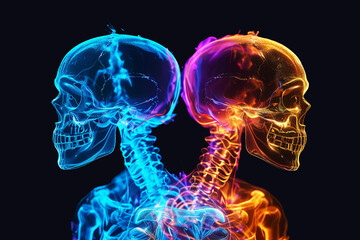 Bright neon skeletons dancing on a dark blue background, fluorescent ghosts idea for a Day of the Dead card