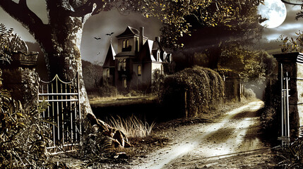 Obraz premium Moonlit Path to Abandoned Manor with Overgrown Thorns Gen AI