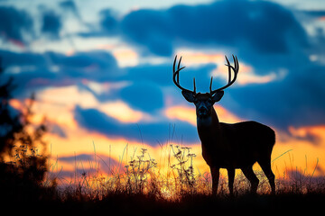 Silhouette of deer against sunset sky at dawn, nature photography