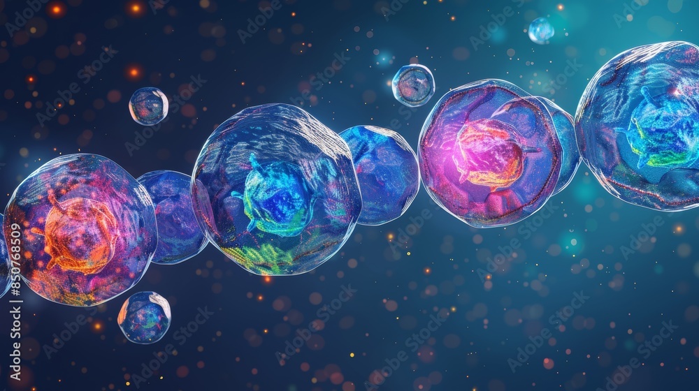 Wall mural abstract representation of cell division with vibrant colors and sparkling background