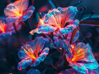 Glowing flowers in the night, a beautiful sight to behold.