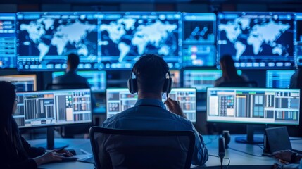 Back view of a computer security expert monitoring a network for threats and intrusions on multiple monitors with a world map displayed on one.