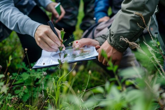 Close-up of a biologist's hands writing down observations of a plant specimen in a petri dish while conducting field research in a lush green meadow