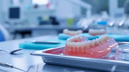 Close-up of a Full Denture in a Silver Tray on a Tabletop in a Dental Clinic