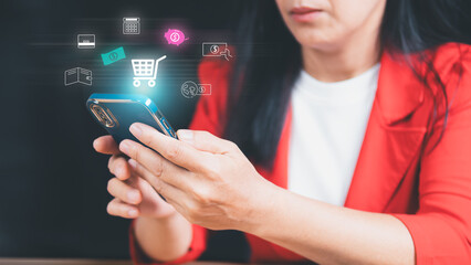 Woman using smartphone to shop online Buy things online on the internet. Online shopping concept.