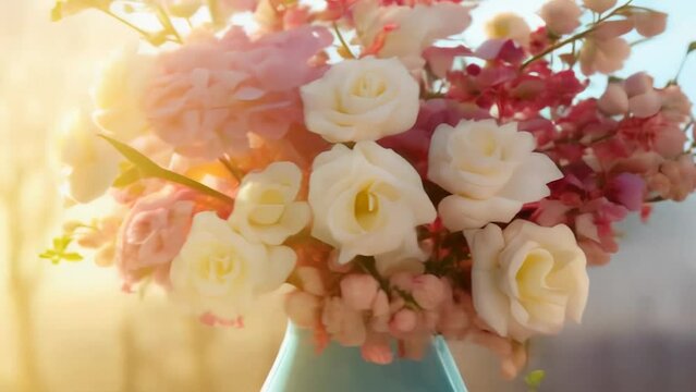 bouquet of roses and spring flowers with blurry Eiffel Tower in the background