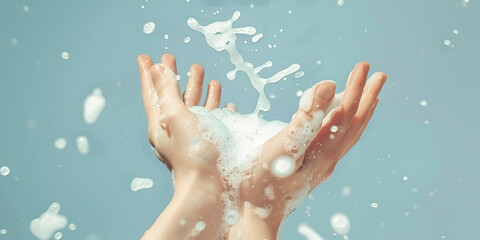 Washing hands with soap, close-up of hands in soapsuds on blue background. 