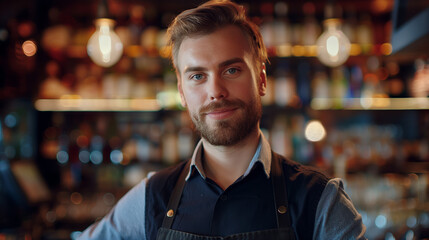 Fototapeta premium Handsome Bartender Smiling in Bar, Warm and Inviting Atmosphere