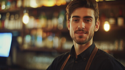 Fototapeta premium Handsome Bartender Smiling in Bar, Warm and Inviting Atmosphere