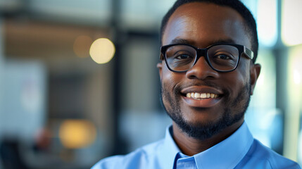 Obraz premium Job candidate. Smiling Black Man with Glasses, Bright and Friendly Office Setting