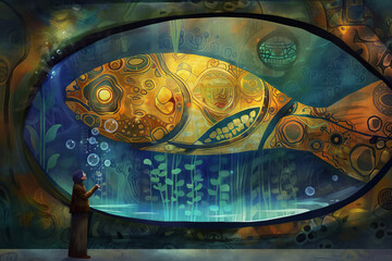Fototapeta premium Giant Fish Watching Aquarium Documentary as Human Blows Bubbles Gen AI