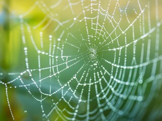 Fototapeta premium Dew-Covered Spiderweb Captured in the Early Morning Light, a Close-Up View of a Delicate and Fragile Natural Wonder