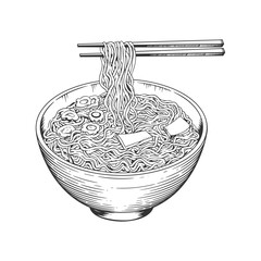 Bowl noodles and chopsticks sketch. Noodle bowl collection. Ramen. Asian food. Chinese, Korean, Japanese cuisine. Hand drawn vector illustration.