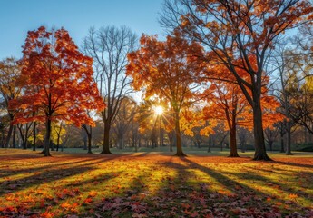 Autumn Trees Glowing in Morning Sunlight at Park