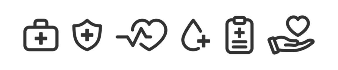 Medicine icon. First medical aid, heartbeat, pulse, analysis blood, health care report, shield care. Hospital, pharmacy, emergency, ambulance.