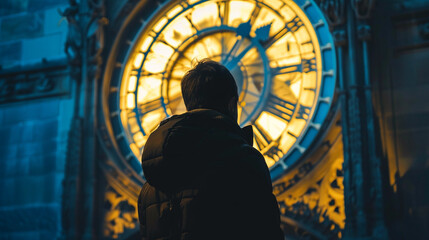 Fototapeta premium Back view of person in jacket with hood against big clock on background. Conceptual philosophy of transience of time. Urgency