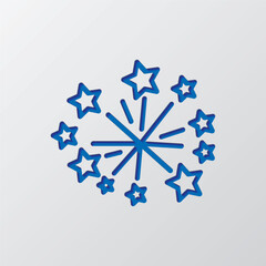 Fireworks simple icon vector. Flat design. Paper cut design. Cutted blue symbol with shadow. Gray background