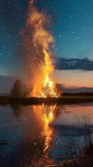 Huge bonfire at night on the shore, behind it a beautiful pond reflecting the starry sky, summer solstice holiday, sparks flying upwards