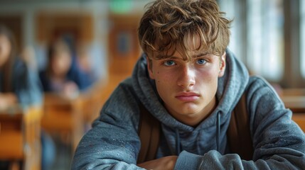 Obraz premium A young boy with blue eyes looks worried or contemplative in a school environment, peers blurred in back