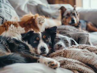 Obraz premium Three Dogs Relaxing on a Bed Together, One Black and White, One Grey, and One Brown and White