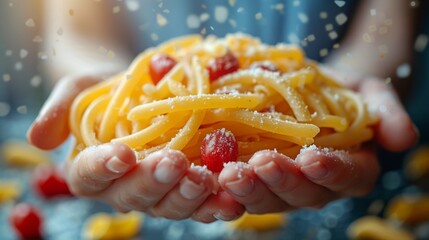 Hands gently cradling spaghetti with a cherry tomato, sprinkled with cheese against a blurred backdrop